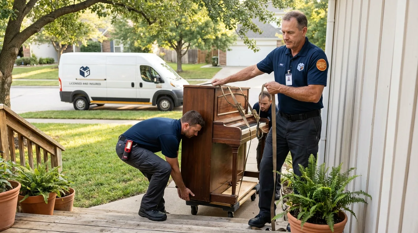 Licensed piano movers securing grand piano in Bartlett, NE